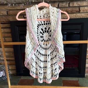 Crochet Open-Front Cape in Cream with Pastel Trim